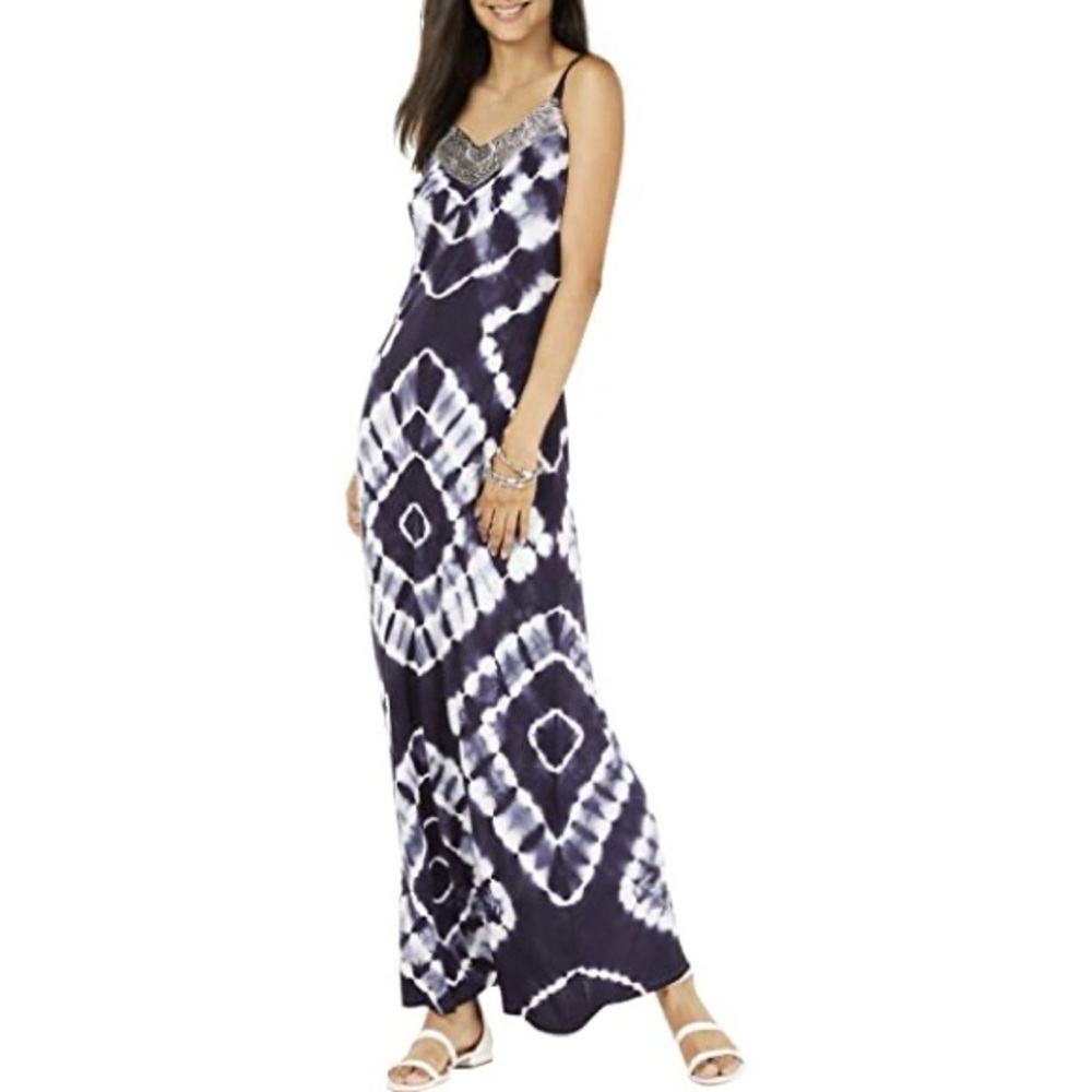 NWT INC Women Blue Tie-Dye Sleeveless Beaded V-Neck Maxi Dress Size L